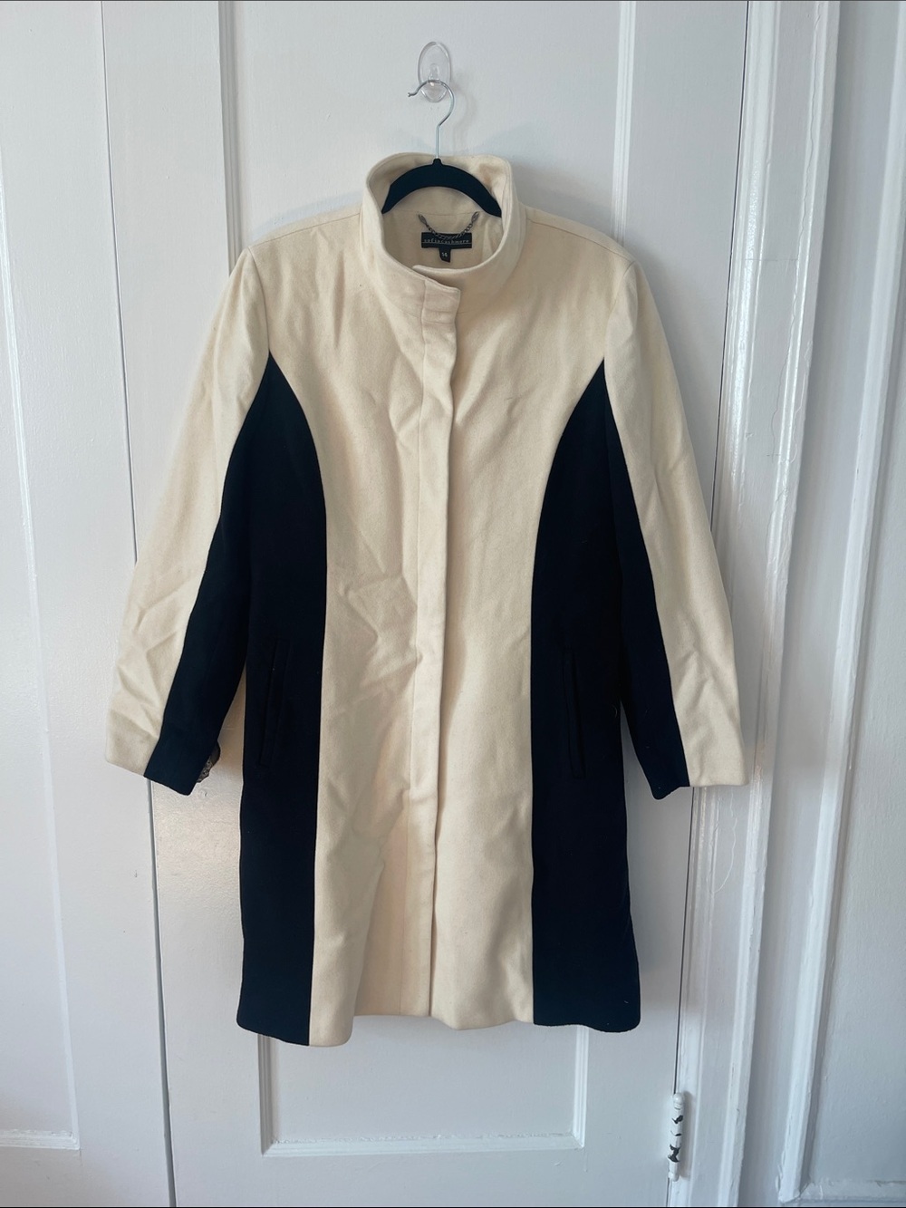 Sofia Cashmere Cashmere and Wool Blend Cream and Black Two-Tone Trench Coat